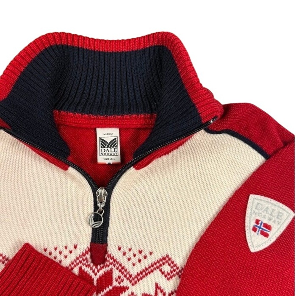 Dale of Norway Wool Quarter Zip Sweater Red Nordic Snowflake Mens Medium